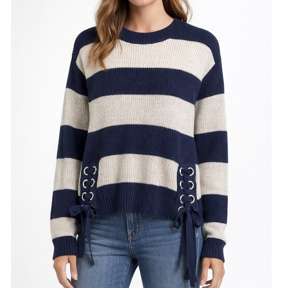 Minnie Rose Striped Lace Up Sweater Cotton Crewneck Chunky Knit Pullover Preppy